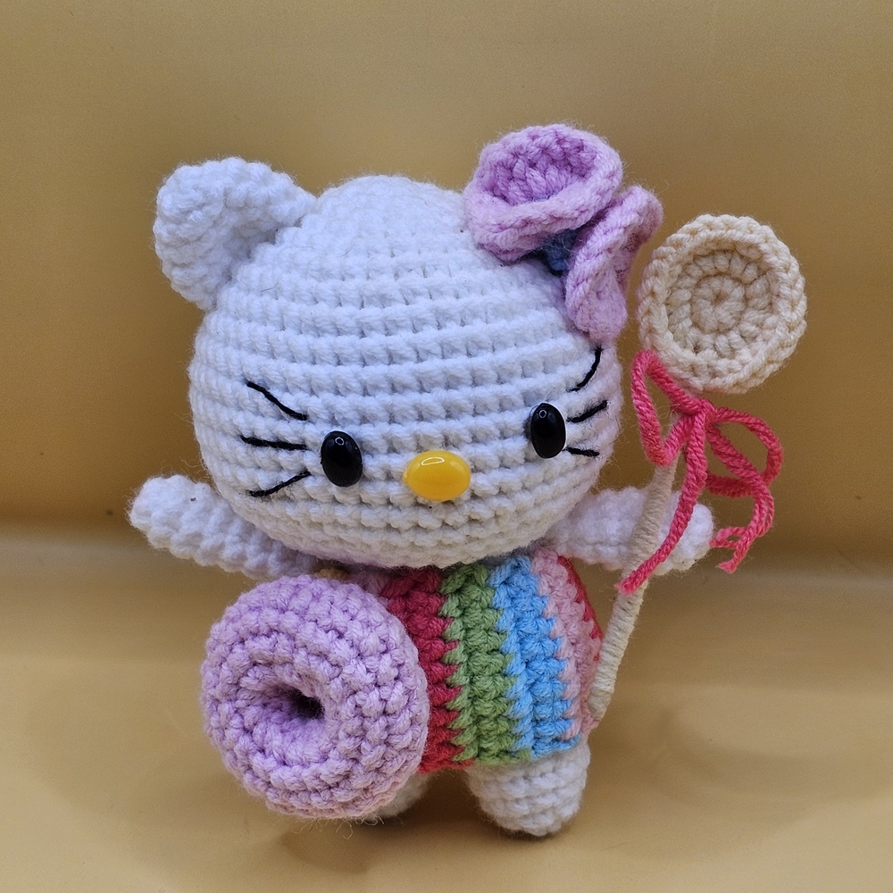 Handmade Crochet Cat Doll with Rainbow Bathtime Outfit Amigurumi